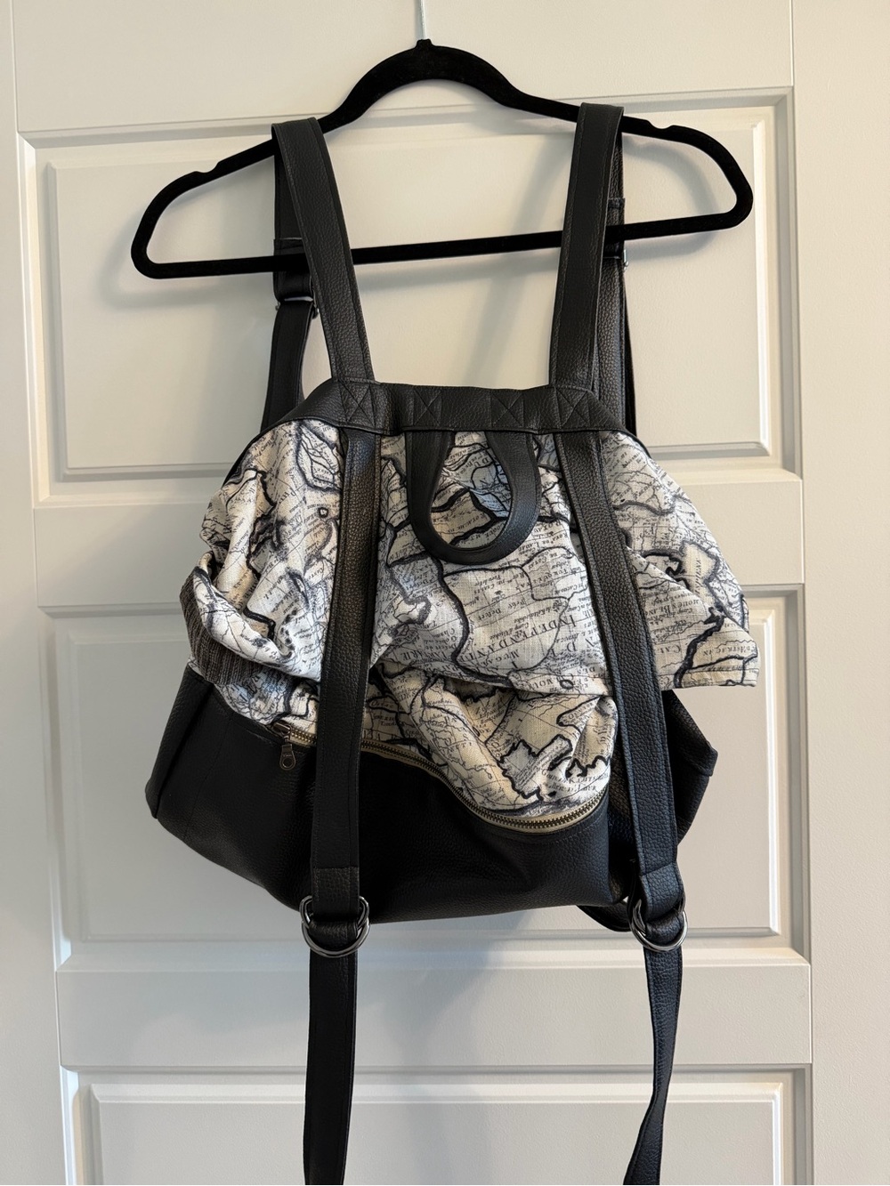 Black and White Map-Print Convertible Backpack Tote